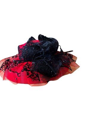 Ms Divine Elegant Red & Black Lace Wide Brim Hat Derby Church NEW